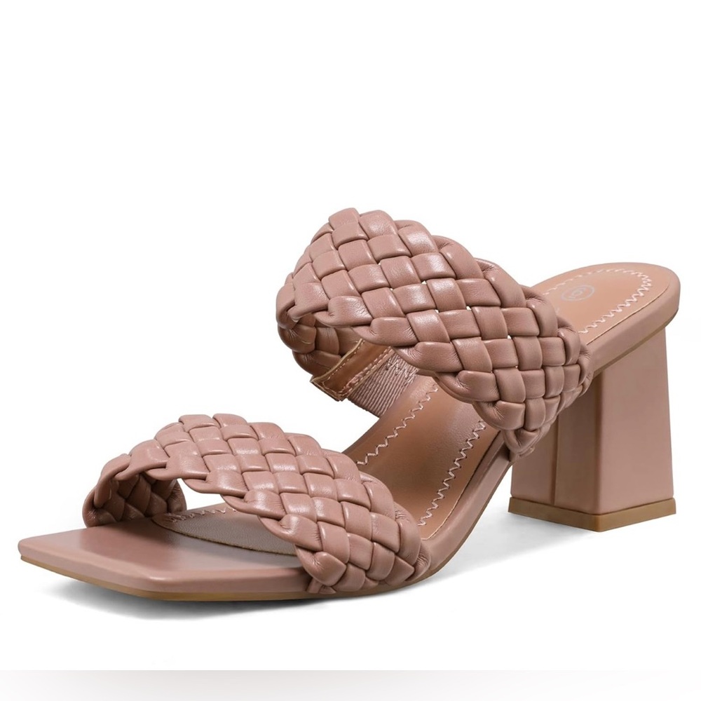 Womens Tan Braided Strappy Square Open Toe Slip On Chunky Heeled Sandals Size 10